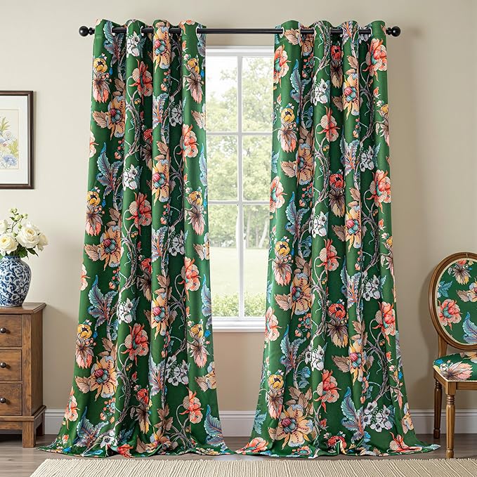 MYSKY HOME Floral Blackout Curtains 95 Inch Length Black Out Thermal Insulated Privacy Protect Vintage French Country Botanical Flower Printed Grommet for Living Room Dining Room, Pack-2, 52", Green