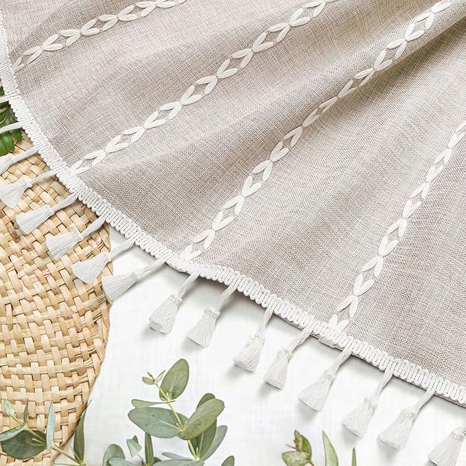 MitoVilla Boho Extra Long Shower Curtain 72 x 84, Tan 84 inch XL Polyester Linen Tassel Fabric Shower Curtain Set with Hooks for Vintage Country Farmhouse Bathroom Decor, Thick & Wrinkle Resistant