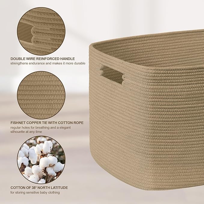 SunNewt 60L Small Wicker Laundry Basket for Living Room Storage,Boho Woven Cotton Rope Baskets for Kids Toy,Gifts,Square Blanket Hamper for Bedroom Dirty Clothes,Jute