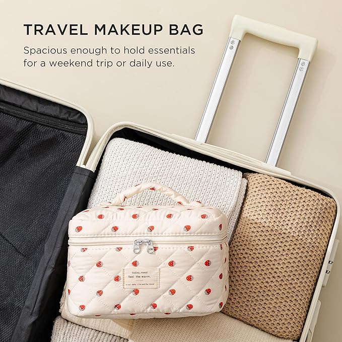 HBselect Christmas Gifts Large Quilted Makeup Bag, Cute Cotton Travel Makeup Bag with Handle, Portable Coquette Floral Make up Bags, Toiletry Organizer Make up Bags for Women Teen Girls Mom