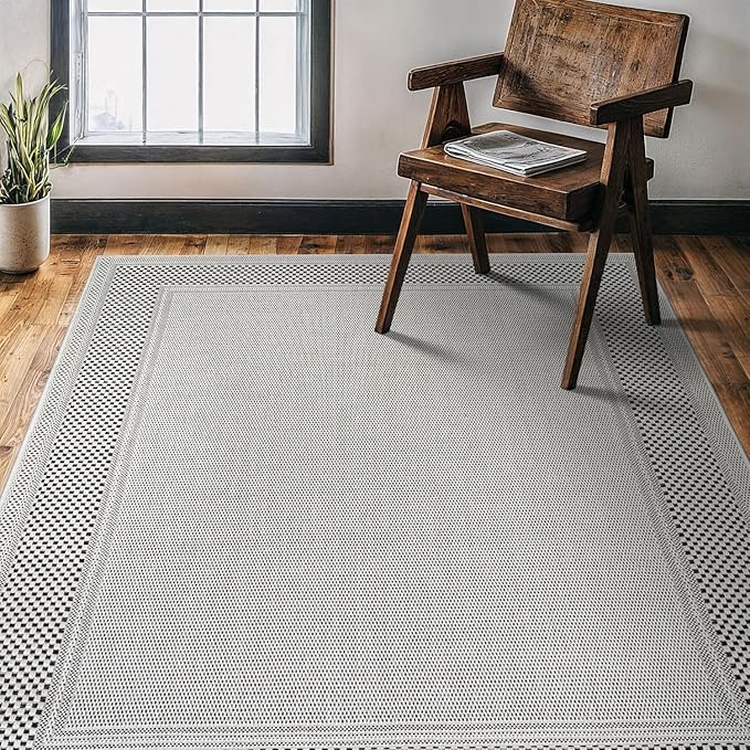 CAMILSON Easy Jute Rug 4x6, Indoor Outdoor Off-White Color Fiber Area Rugs for Living Room Patio and Dining Room Rug, Bordered Boho Woven Design, Easy-Cleaning, Washable Outside Carpet (4 x 6)