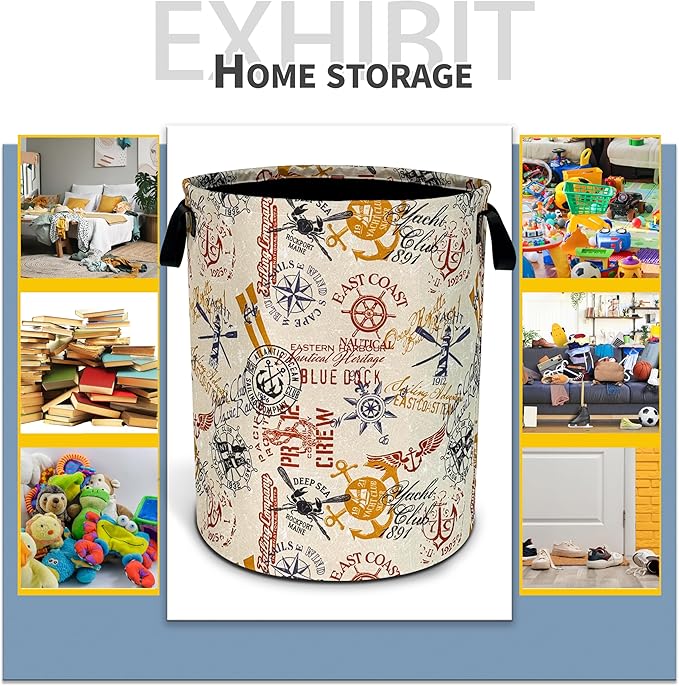 NUTAINLA Anchor Laundry Basket Compass Seafaring Foldable Oxford Cloth Funny Tote Bag Laundry Hamper Clothes Storage Bucket Toy Organizer For Bathroom/Laundry Storage/Bedroom 18.9x16.5 Inch