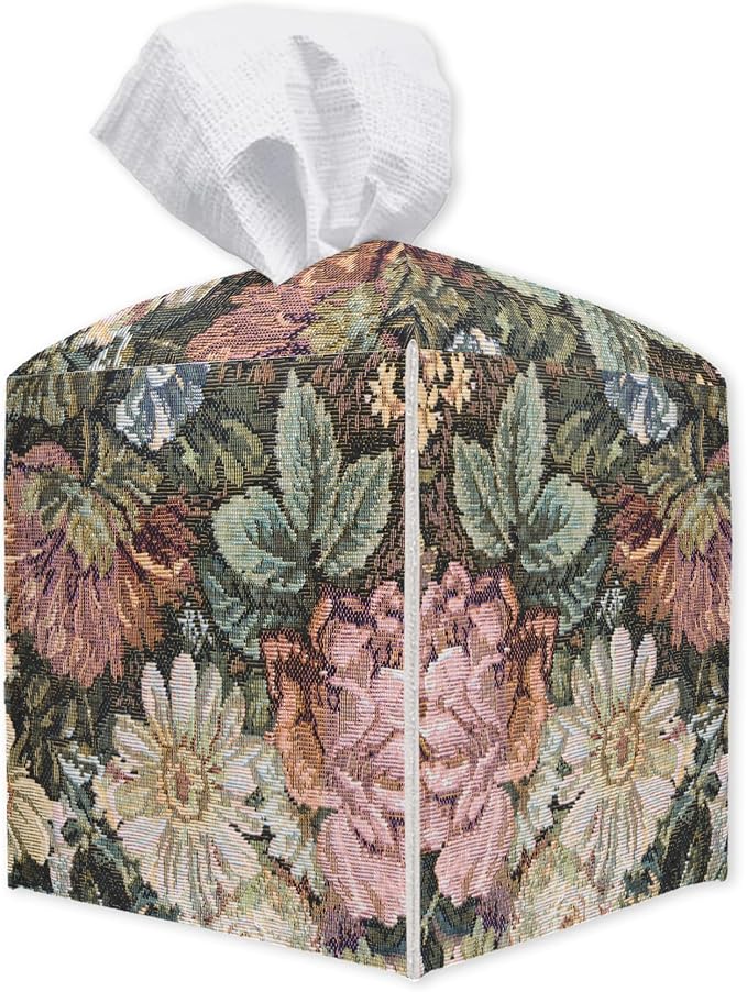Vintage Flower Square Tissue Box Holder Cover, Tissue Cube Box Organizer for Bathroom, Living Room, Office, Countertop, Car, Night Stands, Modern Home Desk Tabletop Decor - A05