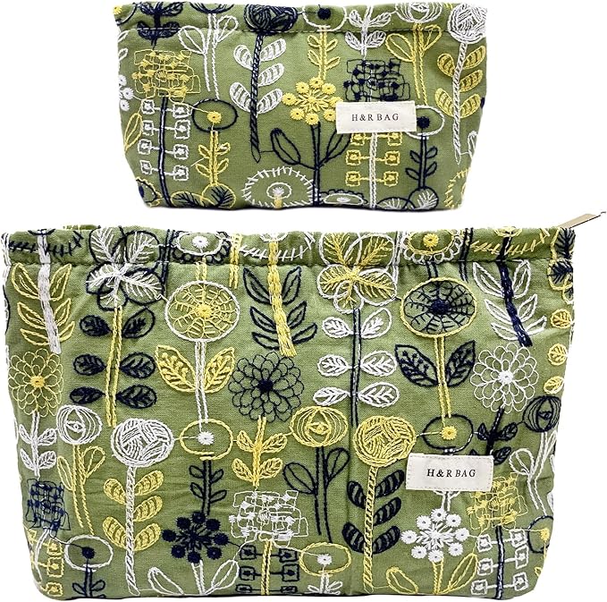 getgto 2 Pcs Makeup Bags, Large Cosmetic Bag Travel Toiletry Bag Organizer for Women, Embroidery Craft,Makeup Bag Small Cosmetic Pouch Purse with Zipper Gifts for Girls Teen