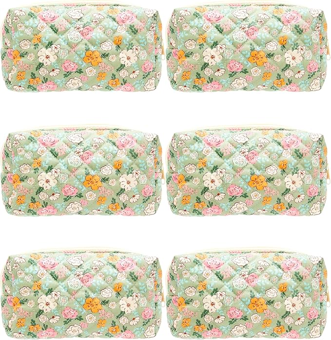 PAZIMIIK 6PCS Vintage Quilted Makeup Bag SET Cosmetic Pouch for Brushes Pencils and Travel Make Up Accessories for Women and Girls Floral Green