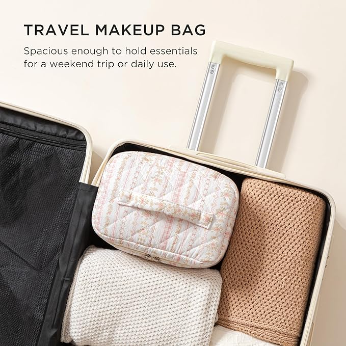 HBselect Christmas Gifts Large Quilted Makeup Bag, Cute Cotton Travel Makeup Bag with Handle, Portable Coquette Floral Make up Bags, Toiletry Organizer Make up Bags for Women Teen Girls Mom