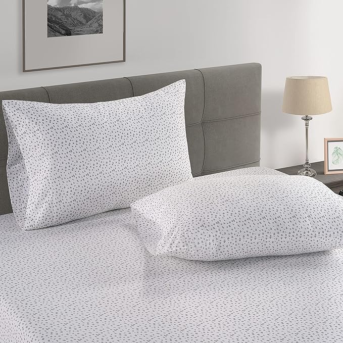 LANE LINEN Twin XL Fitted Sheet, 100% Organic Cotton 2-Piece Set (1 Fitted Sheet, 1 Pillowcase), Percale Weave, Soft, Breathable, Fits Mattress Upto 15" Deep - White (Grey Dot)(No Flat Sheet)