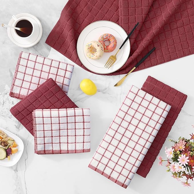 Homaxy Premium Cotton Kitchen Towels 16"x 28", Large Natural Ring Spun 390 GSM Dish Towels, Super Absorbent Terry Kitchen Hand Towels, Soft Tea Towels with Hanging Loop, Red Check Design,8 Pack