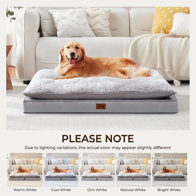 Warmrest 2-Pack Waterproof Dog Bed Large Size Dogs, Plush Cushion & Orthopedic Egg-Crate Foam Mattress for Senior Dogs, Washable Dog Crate Bed with Removable Cover, Light Grey