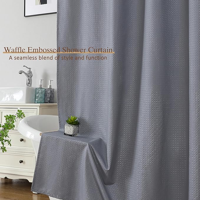 Ebesto Extra Long Grey Shower Curtain 96 Inch Long 1 Piece, Waffle Embossed Textured Fabric Shower Curtain for Bathroom Large Hotel, Water Resistant, Machine Washable, 72Wx96L Inches