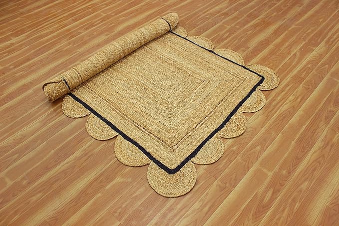 Scalloped Edge Rug, Hand Woven Natural Jute Area Rug, 12x18 Ft Beige & Black Braided Sisal Kilim Rugs for Living Room, Kitchen, Entryway, Farmhouse