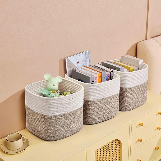 Gocjuaza 3 Pack Storage Cubes 11 Inch Cotton Rope Woven Baskets for Organizing Cube Bin Square Shelves Organizer,Classroom,Kids Toy Bins,Closet,Baby Nursery(Brown)