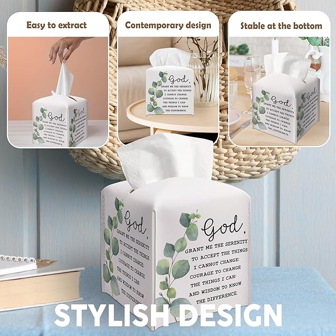Christian Decorative Tissue Box Cover Square, Leather Facial Paper Organizer, God Inspirational Quote Gift Ideas for Friends, Eucalyptus Print Decor for Bathroom Office-(5.2 Inches)