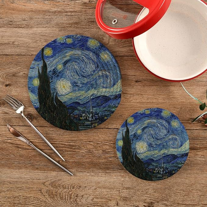 Trivets for Hot Dishes, Pots and Pans Potholders Woven Trivet Cotton Round Large Pot Holder Decor Heat Resistant Hot Pads Mat for Table Counter Cooking Potholder Set of 2 (7in + 9in) Vangogh