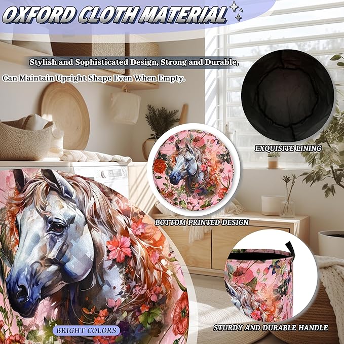 White Horse Flowers Laundry Hamper Oxford Cloth Animals Funny Laundry Basket With Handle Portable Clothes Storage Basket Foldable Laundry Bag 18.9"x16.5"For Laundry Room/Bedroom/Bathrooms