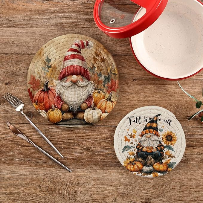 Autumn Gnome Trivet Mat 2PCS Fall Leaves Pumpkin Round Woven Potholders Kitchen Table Countertop Protector Hot Pads Farmho