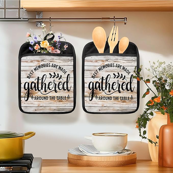 Farmhouse Oven Mitts Set, Chef Gifts, Best Memories are Made Gathered Around The Table Heat Resistant Kitchen Oven Gloves for Baking and Cooking,Pot Holders