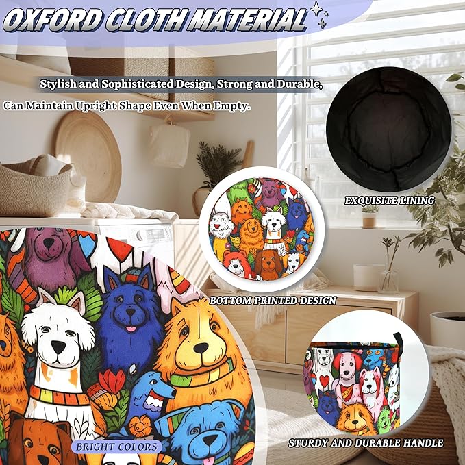 Colorful Dogs Pattern Laundry Hamper Foldable Oxford Cloth Funny Animal Dog Laundry Basket With Handle Portable Clothes Storage Basket Laundry Bag 18.9"x16.5" For Laundry Room/Bedroom/Bathrooms