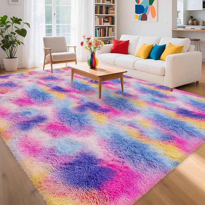 Large Hot Pink Rainbow Area Rug for Kids Room 8x10 Ft, Soft Plush Fluffy Princess Unicorn Rugs for Girls Bedroom, Cute Shaggy Colorful Carpet for Kids Teens Nursery Toddler Decor Aesthetic
