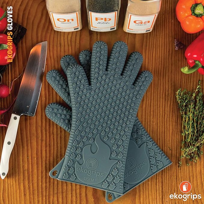 Jolly Green Products Ekogrips Premium Grilling Gloves Heat Resistant BBQ Gloves for Indoor and Outdoor Cooking, Meat Handling Gloves, Kitchen Oven Gloves with Fingers, Silicone Oven Mitts - Grey