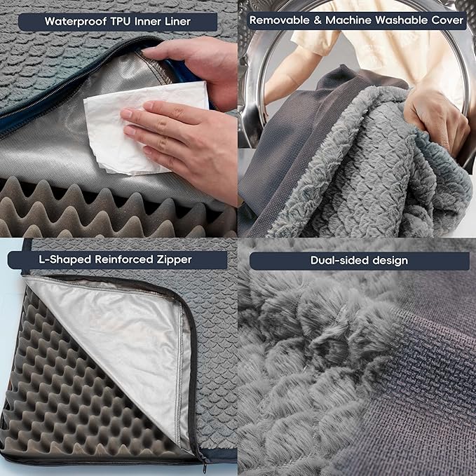 Sytopia Washable 36" Dog Bed for Large Dogs – Double-Sided Plush, Waterproof, Removable Cover, Thick Orthopedic Support, Durable Multi- Size Comfort Clearance Indoor Flat Dog, Dark Grey