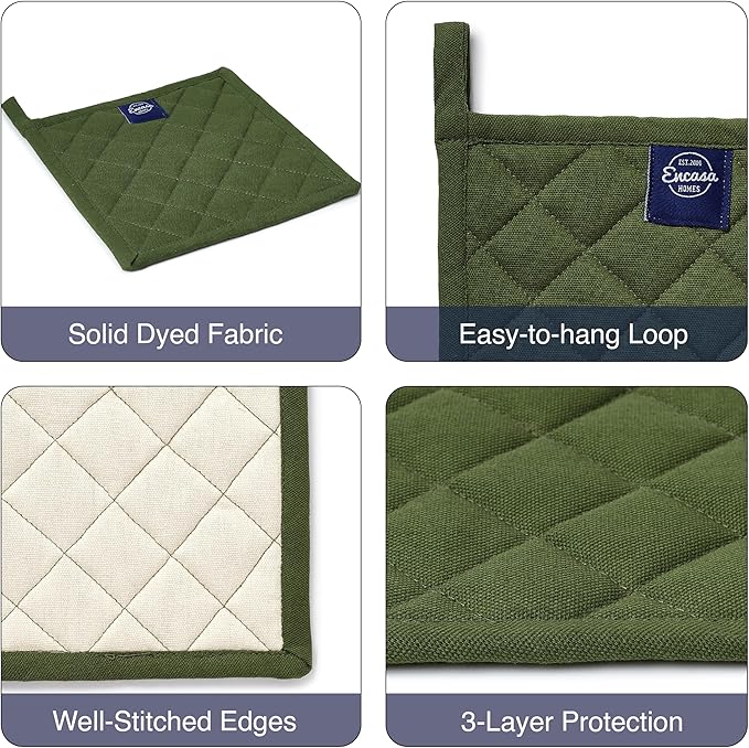 Encasa XO Heat Resistant Cotton Pot Holders with Hanging Loop - Set of 2 - Leaf Green - Multipurpose Quilted Everyday Hot Pad for Kitchen, Camping, BBQ & Microwave - 8x8 in