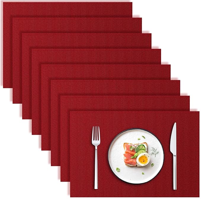 Blue Forest | Rectangular Faux Linen Placemats Set of 8 | Dual- Layered Thickened for Durability | Heat Resistant | Machine Washable | Wrinkle Free for Easy Care Indoor/Outdoor Use - Red