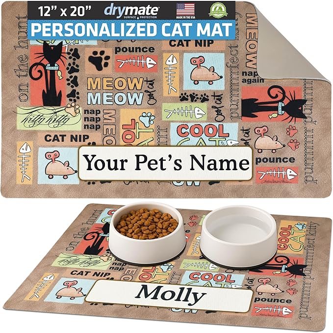 Drymate Personalized Pet Bowl Placemat, Custom Dog & Cat Food Feeding Mat - Absorbent Fabric, Waterproof Backing - Machine Washable/Durable (USA Made) (12" x 20") (Cool Cat - Brown)