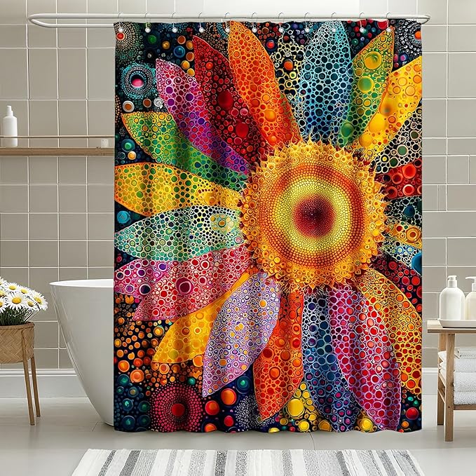 mutakin Vintage Floral Shower Curtain Vibrant Sunflowers Shower Curtains for Bathroom Waterproof Fabric Bath Curtain Decor with Hooks
