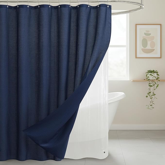 Lameirose Shower Curtain and Liner Set, 3 in 1 Waffle Shower Curtain Set with 12 Double Sided Shower Curtain Hooks, Fabric Shower Curtains for Bathroom, Navy Blue, 72 x 72