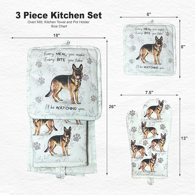 German Shepherd 3-Piece Kitchen Set - Oven Mitt, Pot Holder & Kitchen Towel Set, Heat Resistant up to 420 F, Soft Quilted Cotton for Cooking, Baking, BBQ, Pet Lover Gifts (German Shepherd)