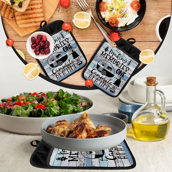 Camping Camper RV Gifts Pot Holders with Pockets, Making Memories One Campsite at a Time Pot Holders Heat Resistant Oven Mitts Hot Pads for Campsite RV Kitchen Baking Cooking