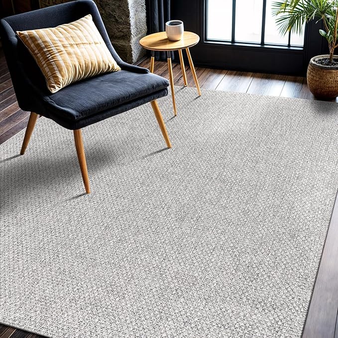 CAMILSON Easy Jute Rug 5x7 Indoor Outdoor Gray Farmhouse Area Rugs for Living Room and Kitchen Rug, Solid Boho Woven Design Easy-Cleaning Washable Outside Carpet Alfombras (5 x 7)