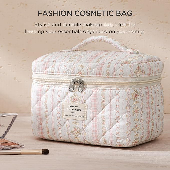 HBselect Christmas Gifts Large Quilted Makeup Bag, Cute Cotton Travel Makeup Bag with Handle, Portable Coquette Floral Make up Bags, Toiletry Organizer Make up Bags for Women Teen Girls Mom
