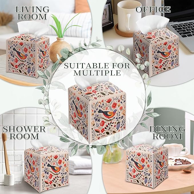 Scandi Bird Tissue Box Holder, Scandinavian Boho Leather Tissue Box Cover Square, Paper Napkins Everyday Dispenser for Bathroom Vanity Countertop Night Stands Kitchen Office Car Home Decor