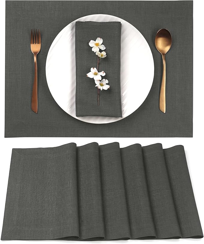 D'Moksha Homes Linen Charcoal Grey Placemats Set of 6-100% Pure Linen Placemats 14 x 19 Inch for Spring, Easter - Handcrafted and Machine Washable