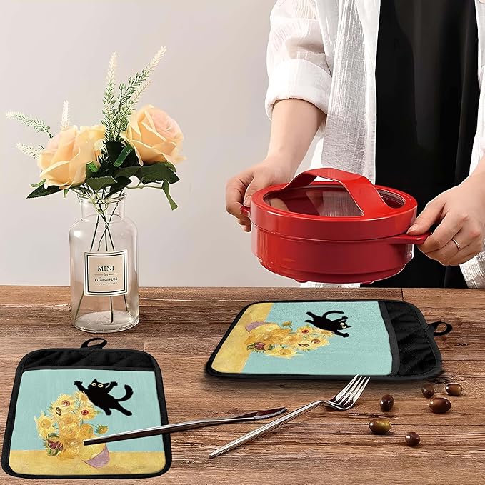 Funny Black Cat Flower Pot Holders with Pockets, Cat Kitchen Decor, Abstract Painting Black Kitten Oven Pot Holders Heat Resistant Oven Mitts Hot Pads for Kitchen Baking Cooking