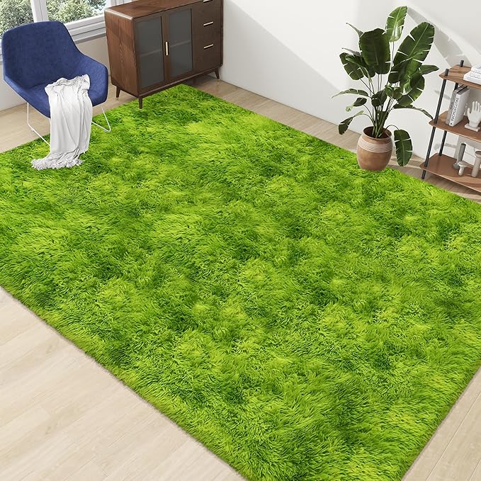 Tie Dyed Grass Green Shag Rug 6x9 Green Fluffy Area Rug Soft Plush Fuzzy Carpet for Living Room Bedroom Dorm Nursery Furry Indoor Floor Rug for Kids Girls Boys Home Decor Aesthetic
