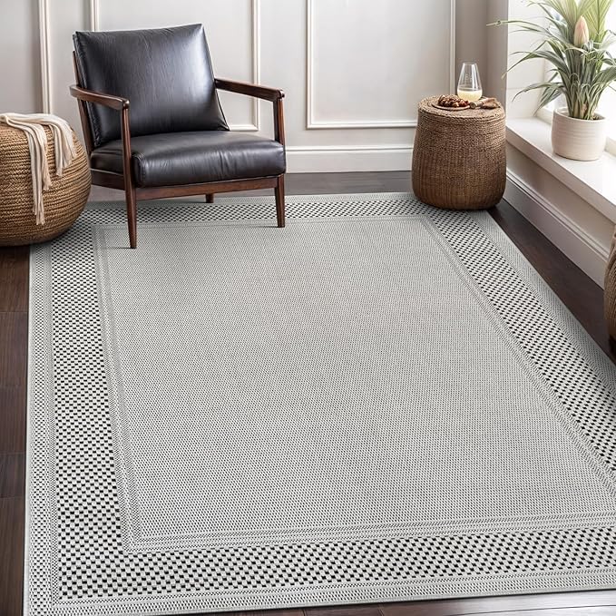 CAMILSON Easy Jute Rug 4x6, Indoor Outdoor Off-White Color Fiber Area Rugs for Living Room Patio and Dining Room Rug, Bordered Boho Woven Design, Easy-Cleaning, Washable Outside Carpet (4 x 6)
