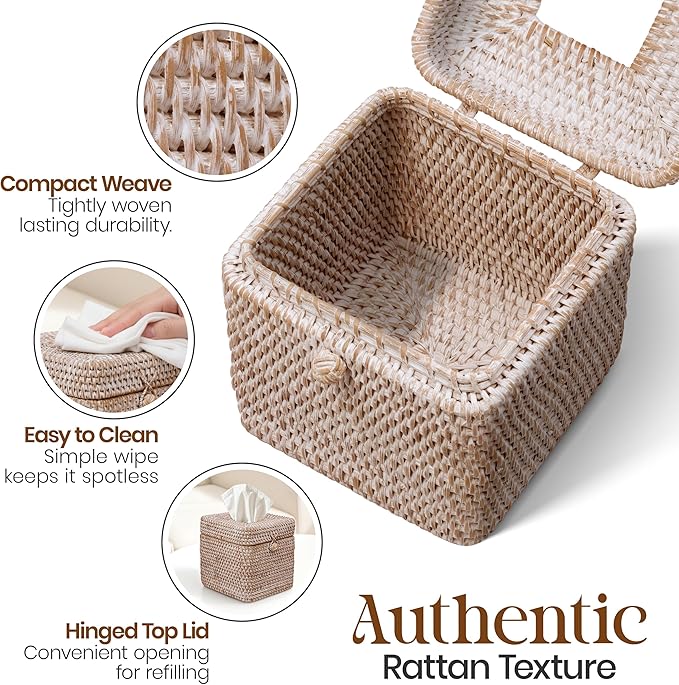 Whitewash Rattan Tissue Box Cover – 5.5x5.5x5.9 Inch - Stylish Handwoven Tissue Holder with Lid - Ideal for Bathroom Vanity, Bedroom, or Living Room Home Accent