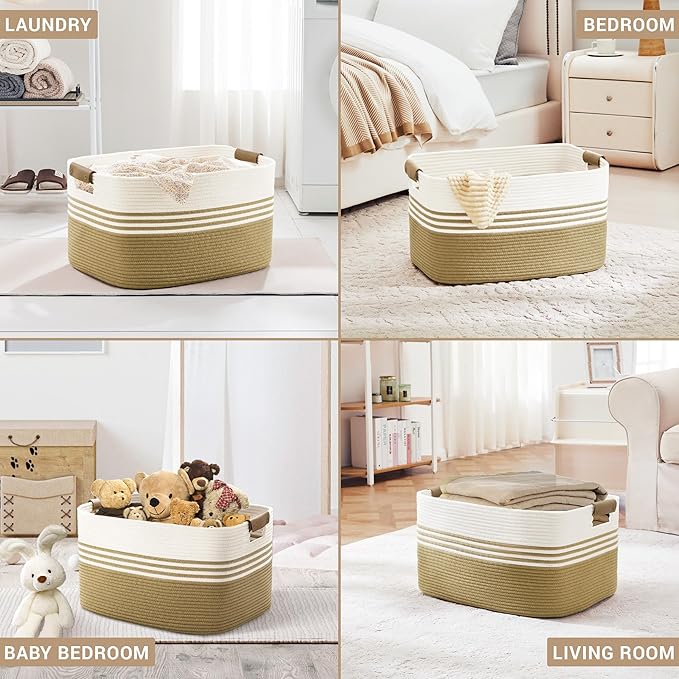 SunNewt 72L Large Laundry Basket with Leather Handles for Living Room Storage, Woven Rope Baskets Bin for Blanket, Kids Toy, Gifts, Wicker Hamper for Bedroom Dirty Clothes, 22"x17"x12" Khaki