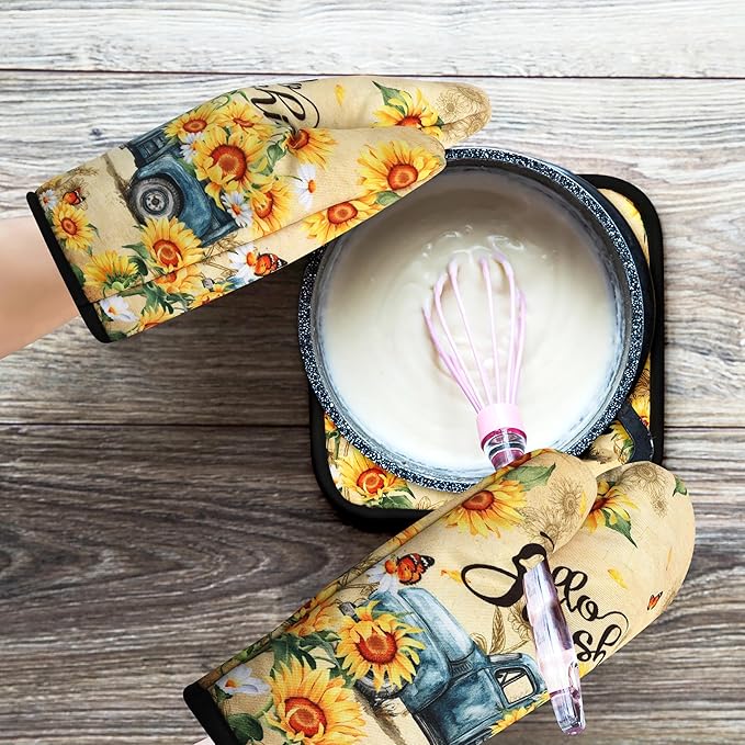 Sunflower Oven Mitts and Pot Holders Sets Vintage Floral Oven Gloves Heat Resistant 4 Pcs Farmhouse Decorative Kitchen Hot Pads and Mitts for Baking Cooking Grilling