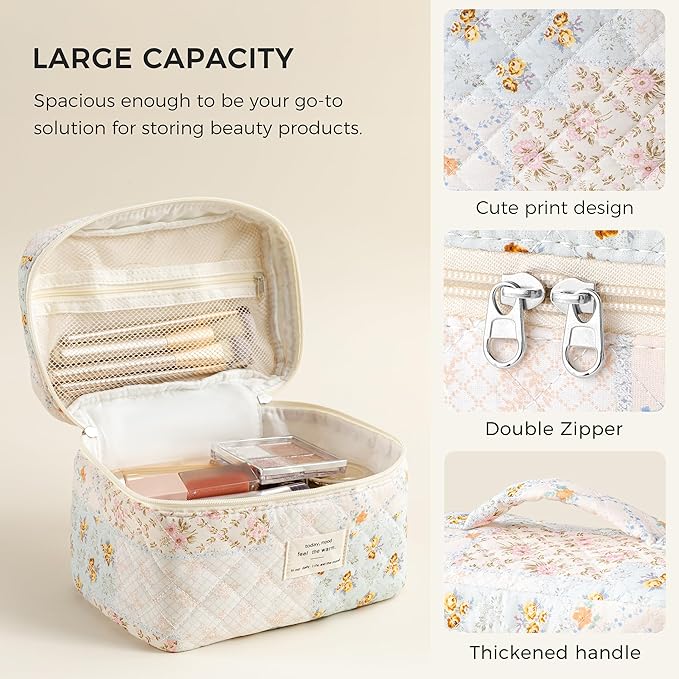 HBselect Christmas Gifts Large Quilted Makeup Bag, Cute Cotton Travel Makeup Bag with Handle, Portable Coquette Floral Make up Bags, Toiletry Organizer Make up Bags for Women Teen Girls Mom