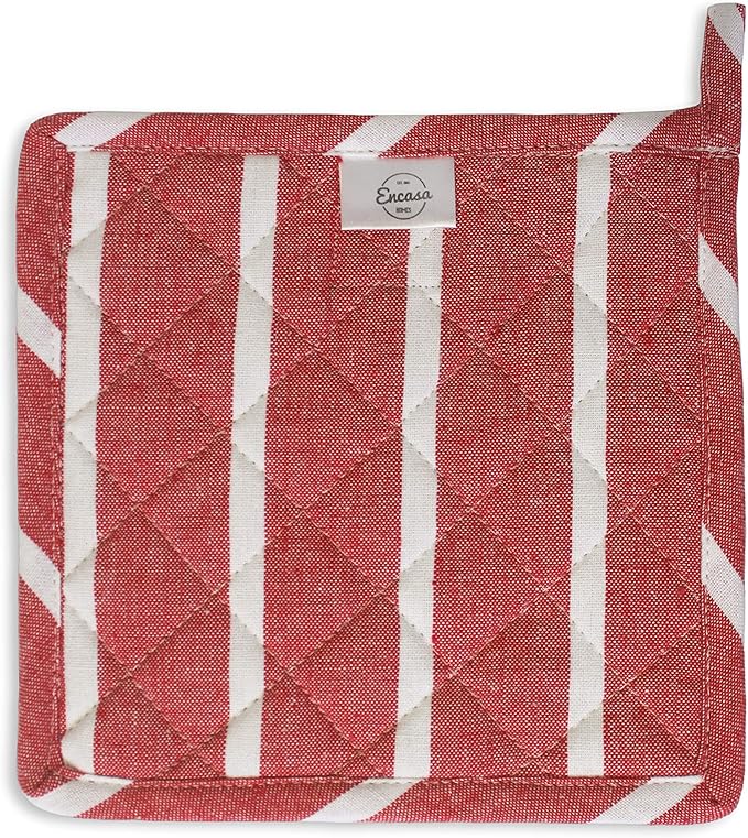 Encasa XO 8 inches Oven Microwave Potholders (2 pc Set) for Kitchen Cooking & Baking - Heat Resistant, Thick & Safe, Protection of Hands from Hot Utensils - Roma Red Stripes