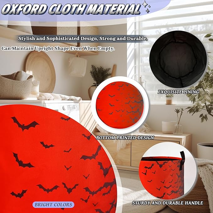Bat Laundry Hamper Foldable Oxford Cloth Funny Bats Laundry Basket With Handle Portable Clothes Storage Basket Colorful Laundry Bag 18.9"x16.5" For Laundry Room/Bedroom/Bathrooms