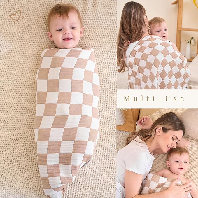 HardNok Ultra Soft Muslin Baby Blanket,A Versatile Swaddle and Bed Blanket for Babies, Toddlers, Boys, and Girls (1 Coffee Checkered 1 Pack).