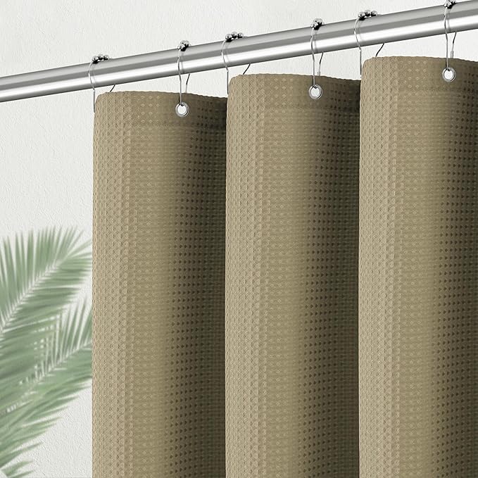 PANGSINNE Taupe Stall Fabric Shower Curtain - Water Repellent Waffle Textured 256GSM Heavy Duty Cloth Shower Curtains for Bath Tubs, Narrow Hotel Quality Bath Curtain Set with 6 Hooks, 36Wx72H