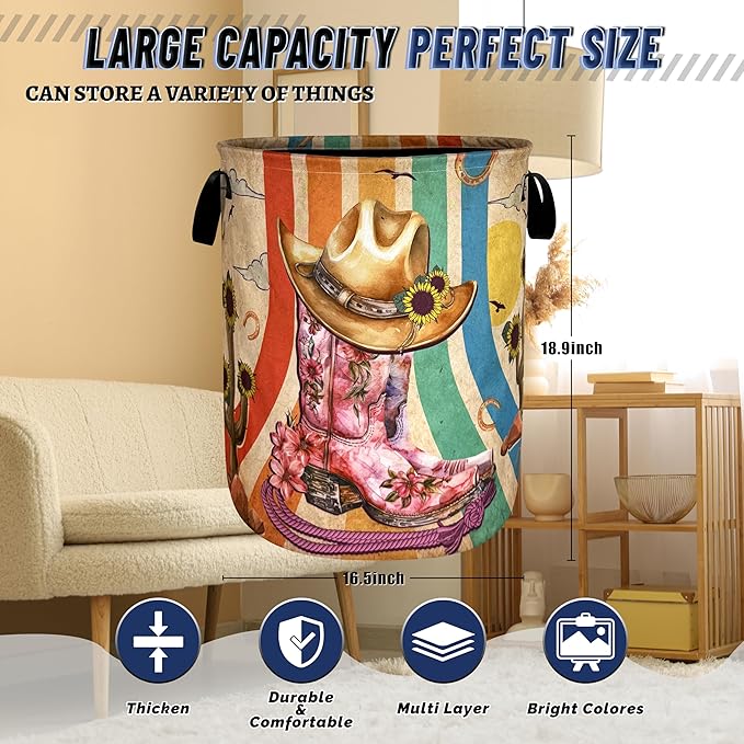 Retro Western Cowboy Hat Boots Laundry Hamper Oxford Cloth Hippie Laundry Basket With Handle Portable Clothes Storage Basket Foldable Funny Laundry Bag 18.9"x16.5" For Laundry Room/Bedroom/Bathrooms