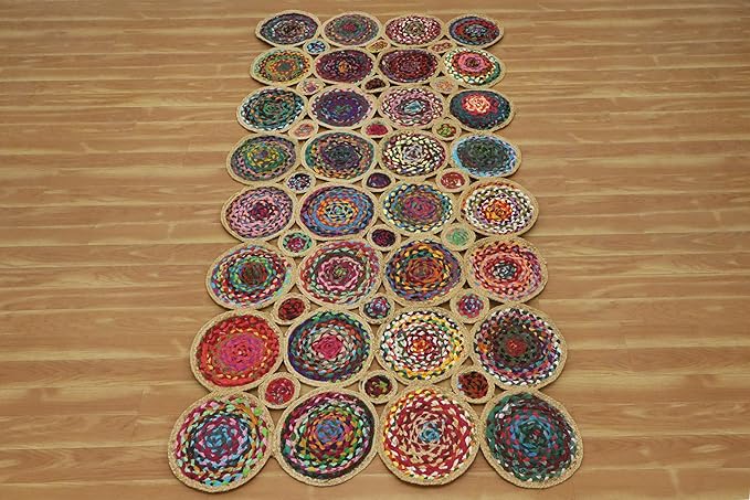 Scalloped Edge Rug, Hand Woven Natural Chindi Cotton and Jute Area Rug, 8x11 Ft Beige & Multicolor Braided Kilim Rugs for Living Room, Kitchen, Entryway, Farmhouse