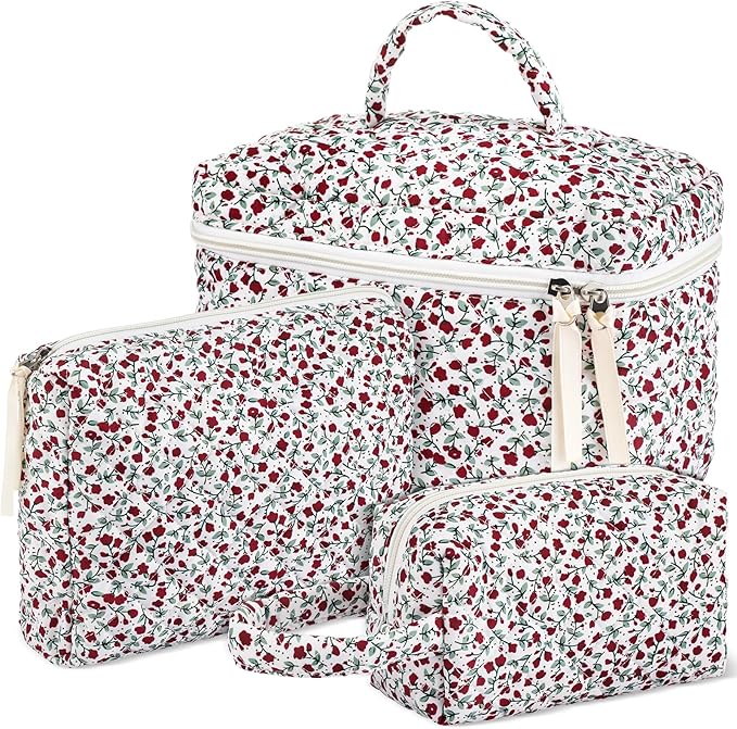 Paterr Makeup Bag Set 3 Pcs Large Quilted Cotton Make up Bags for Women Cosmetic Travel Toiletry Organizer Pouch Cute Aesthetic Storage Purse(Red,Red Floral)